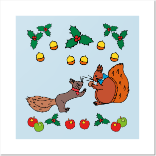 Squirrels with nuts fall design Posters and Art